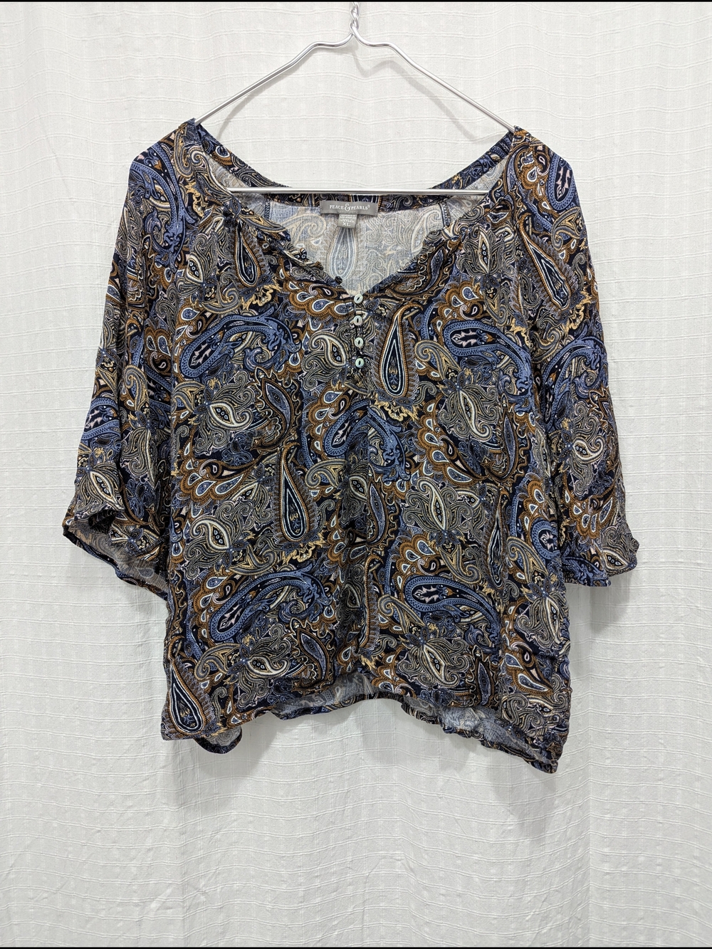 Peace & Pearls Paisley V-Neck Women's Top in Blue Brown Boho Hippie Size XL